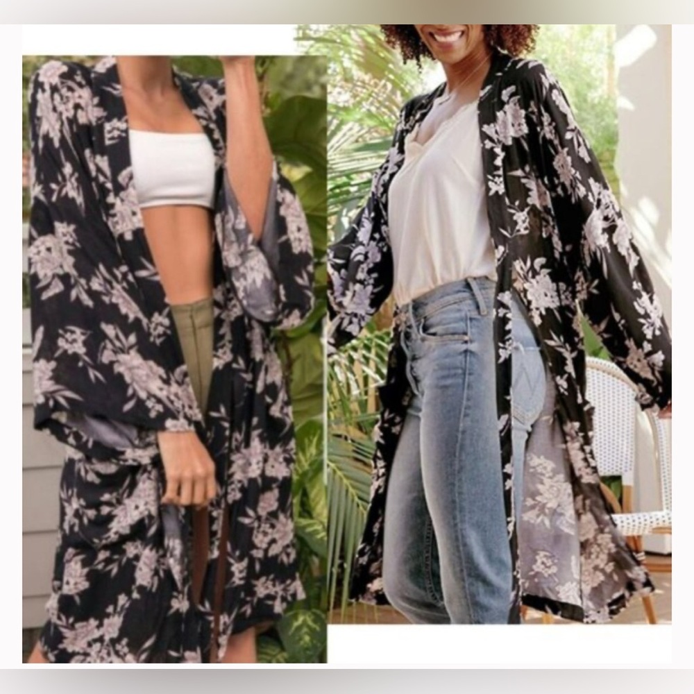 Spiritual Gangster Maya Black Floral Print Kimono One Size
